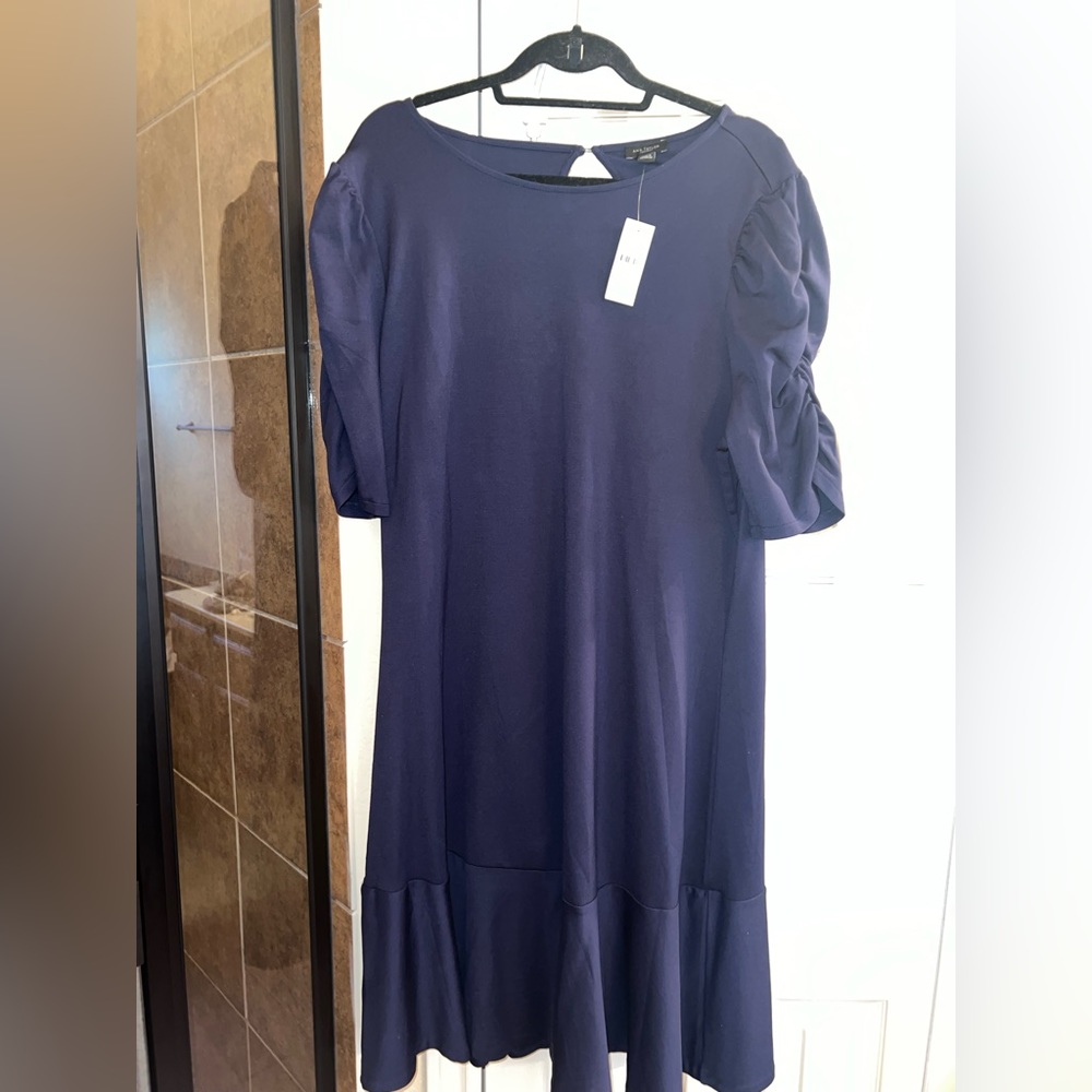 NWT Ann Taylor Factory Drop Waist Dress with ruched sleeves in Navy, XL